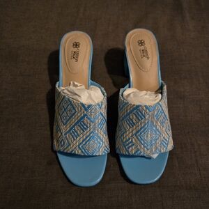 Cushion Walk Blue Woven Slide Sandals | Block Heel Mule Sandals | Women’s 9